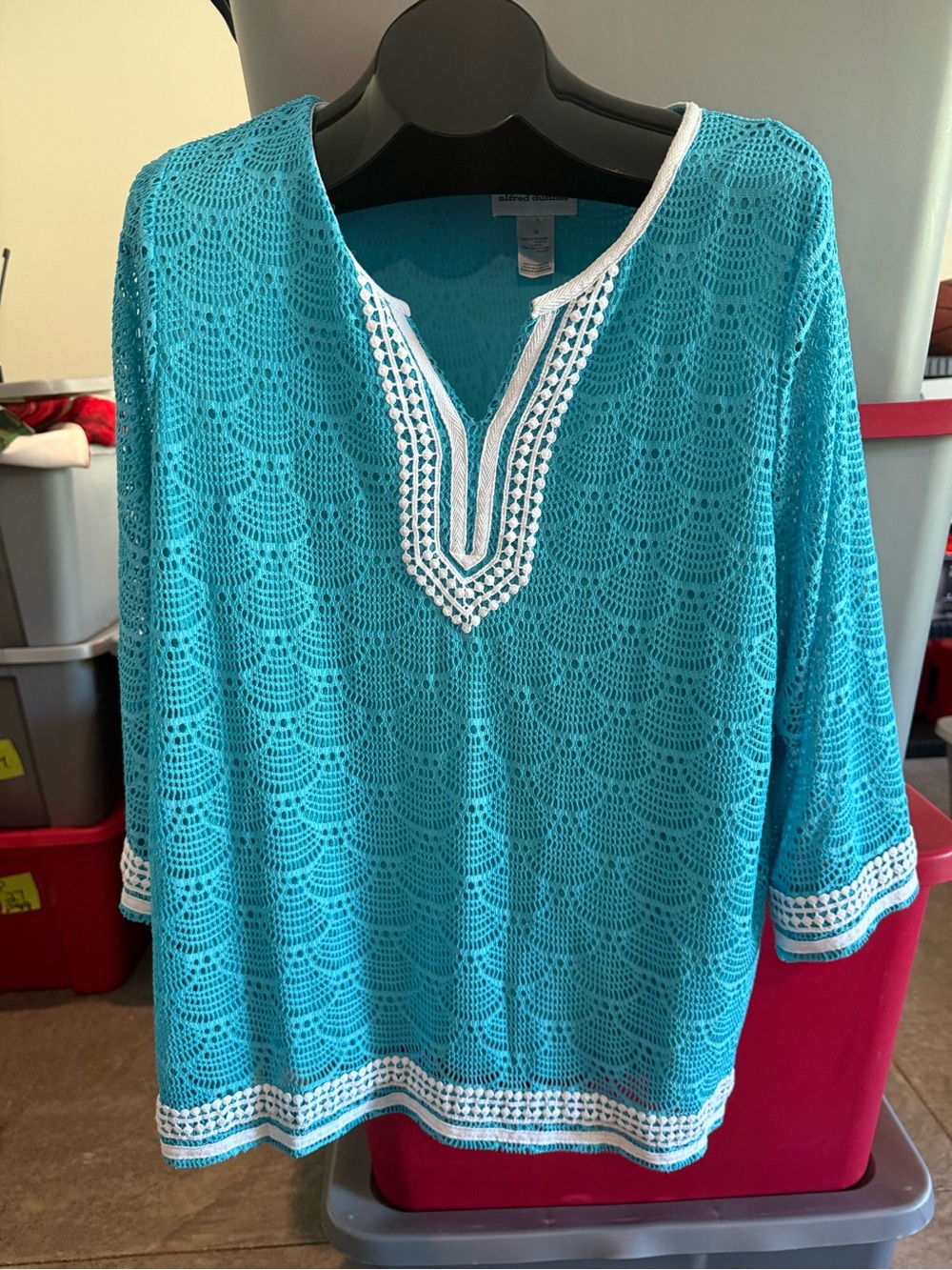 Women's Turquoise Crochet Swim Cover-Up with White Trim mp36